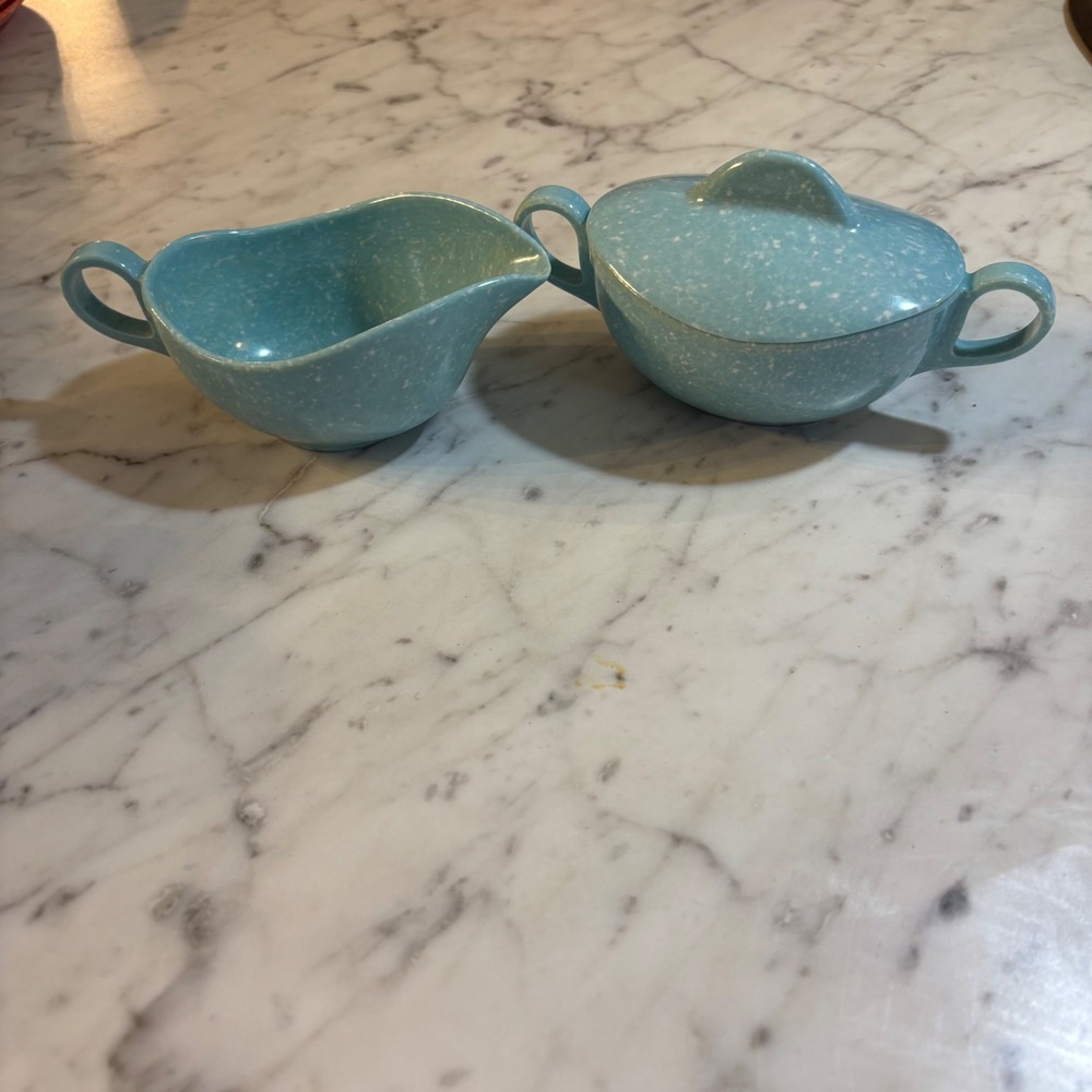 Vintage MCM Turquoise Blue Confetti Melmac Sugar Bowl and Creamer Set Speckled